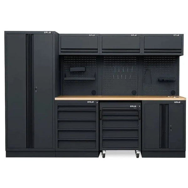 Pillar Modulaire Werkplaatsinrichting 295,5 cm – Hardhouten Werkblad – Midnight Black