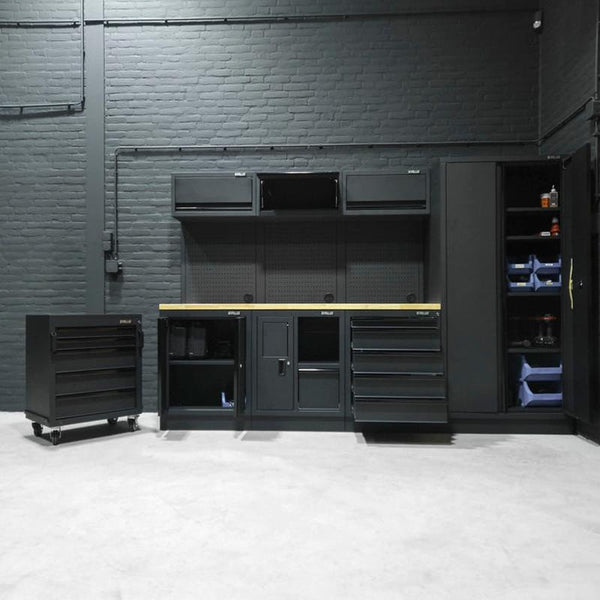 Pillar Modulaire Werkplaatsinrichting 295,5 cm – Hardhouten Werkblad – Midnight Black