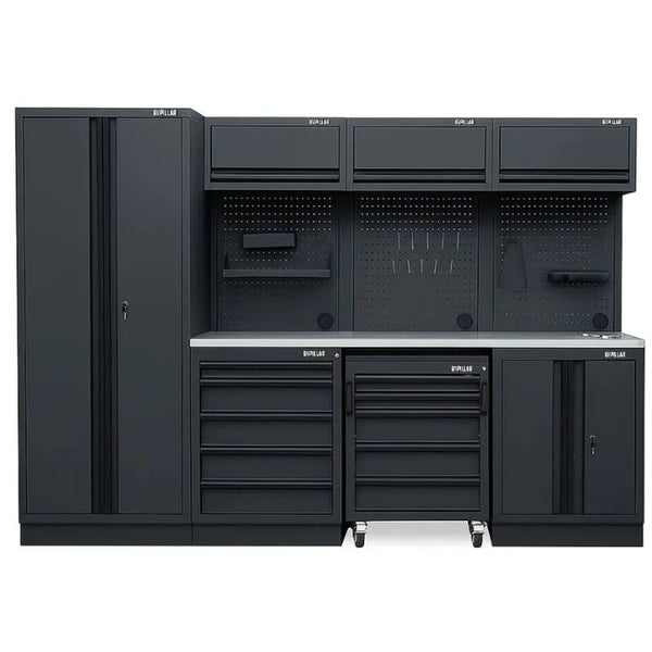 Pillar Modulaire Werkplaatsinrichting 295,5 cm – RVS Werkblad – Midnight Black