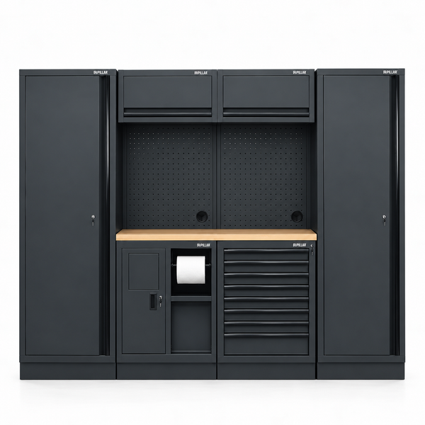 Pillar modulaire werkplaatsinrichting met 2 hoge kasten en hardhouten werkblad, Midnight Black