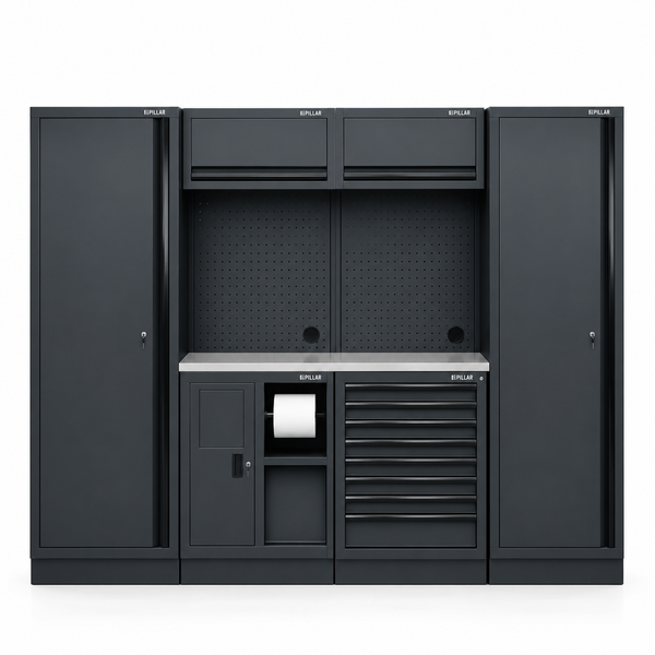 Pillar modulaire werkplaatsinrichting met 2 hoge kasten en RVS werkblad, Midnight Black