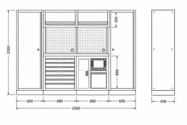 Pillar 2 hoge kasten RVS werkblad, maatvoering
