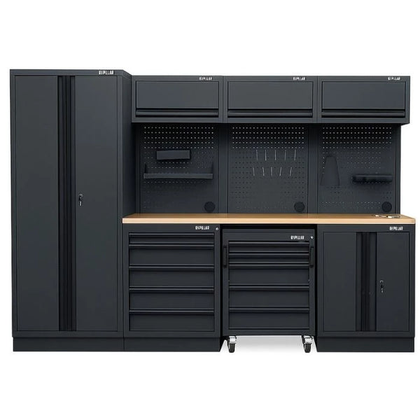 Pillar complete werkplaatsinrichting met hardhouten werkblad, 295,5 cm, Midnight Black