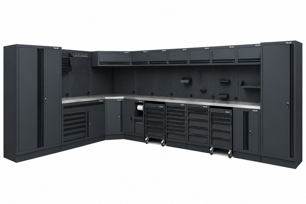 Pillar complete werkplaatsinrichting hoekopstelling met RVS werkblad, 569 x 328,5 cm, Midnight Black