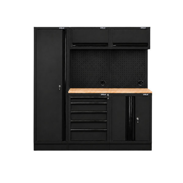 Pillar Modulaire Werkplaatsinrichting met Hoge Kast en Hardhouten Werkblad – Modulair – Midnight Black