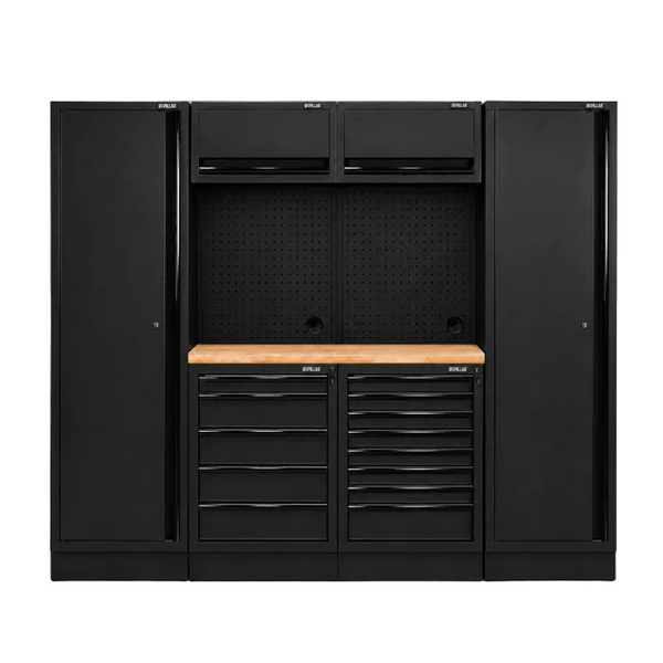 Pillar Modulaire Werkplaatsinrichting met 2 Hoge Kasten en Hardhouten Werkblad | Midnight Black