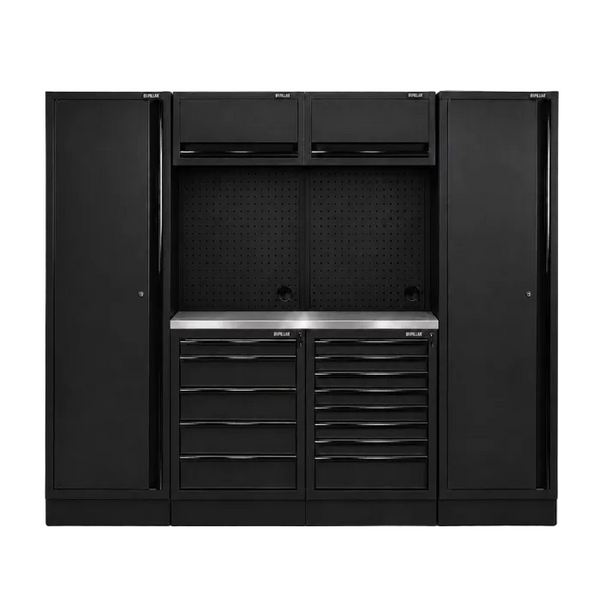 Pillar Modulaire Werkplaatsinrichting met 2 Hoge Kasten en RVS Werkblad | Midnight Black