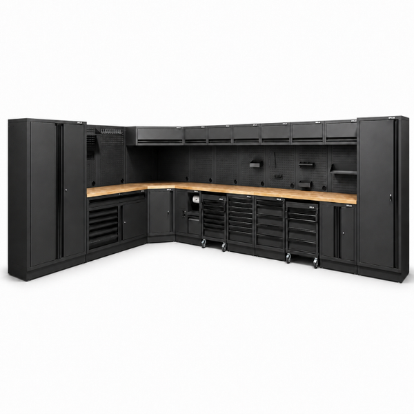 Pillar Complete Werkplaatsinrichting Hoekopstelling met Hardhouten Werkblad – Modulair – Midnight Black