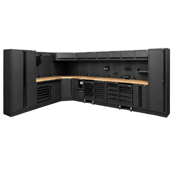 Pillar Complete Werkplaatsinrichting Hoekopstelling met Hardhouten Werkblad | Midnight Black