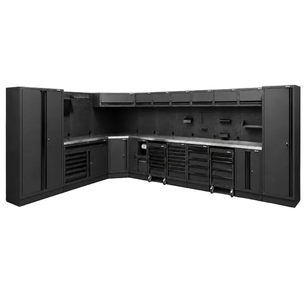 Pillar Complete Werkplaatsinrichting Hoekopstelling met RVS Werkblad | Midnight Black