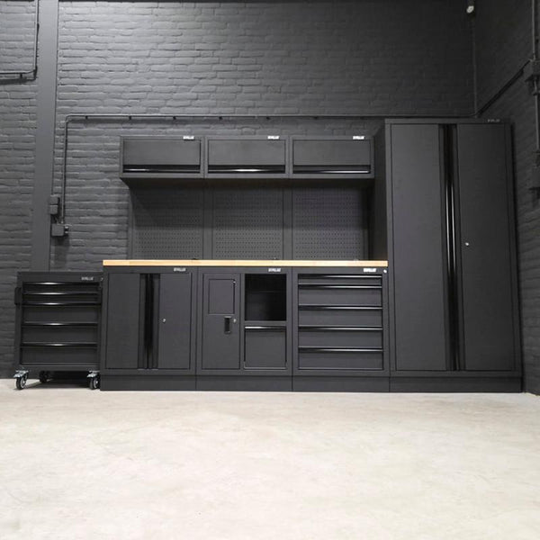 Pillar Modulaire Werkplaatsinrichting 295,5 cm – Hardhouten Werkblad – Midnight Black