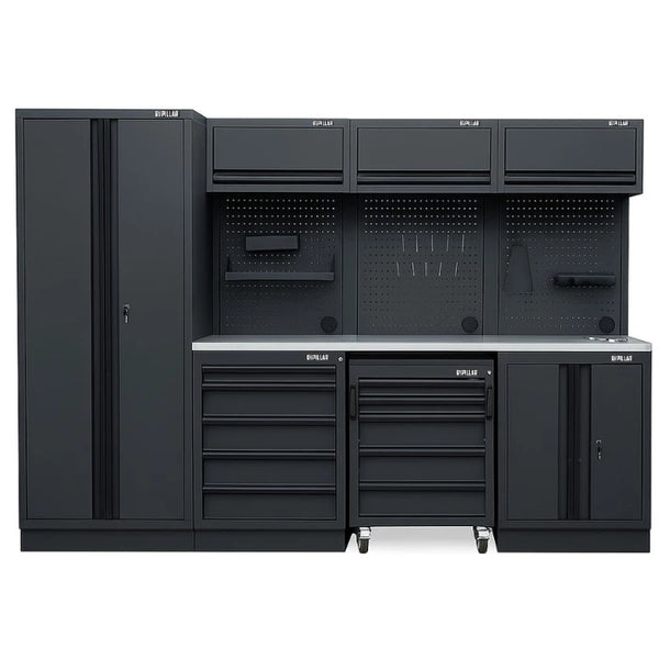 Pillar complete werkplaatsinrichting met RVS werkblad, 295,5 cm, Midnight Black