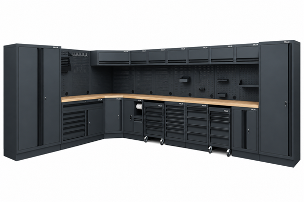 Pillar complete werkplaatsinrichting hoekopstelling met hardhouten werkblad, 569 x 328,5 cm, Midnight Black