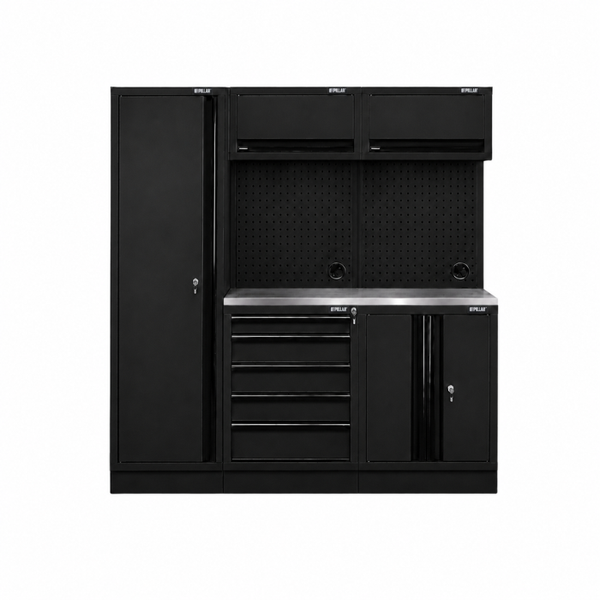 Pillar Modulaire Werkplaatsinrichting met Hoge Kast en RVS Werkblad – Modulair – Midnight Black