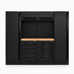 Pillar Modulaire Werkplaatsinrichting met 2 Hoge Kasten en Hardhouten Werkblad – Modulair – Midnight Black