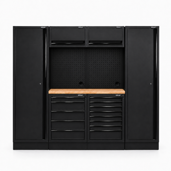 Pillar Modulaire Werkplaatsinrichting met 2 Hoge Kasten en Hardhouten Werkblad – Modulair – Midnight Black