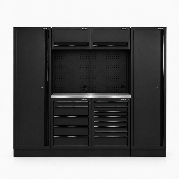 Pillar Modulaire Werkplaatsinrichting met 2 Hoge Kasten en RVS Werkblad – Modulair – Midnight Black
