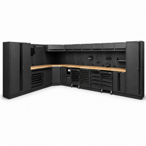 Pillar Complete Werkplaatsinrichting Hoekopstelling met Hardhouten Werkblad – Modulair – Midnight Black
